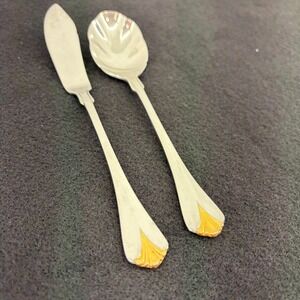 Set Yamazaki Japan Silver Gold Tone Sugar Shell Spoon & Master Butter‎ Knife